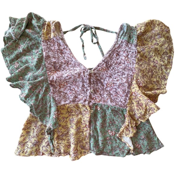 O'Neill Tops - ONeill Patchwork Floral Ruffle Top Women Medium Flowy Boho Indie Crop Festival